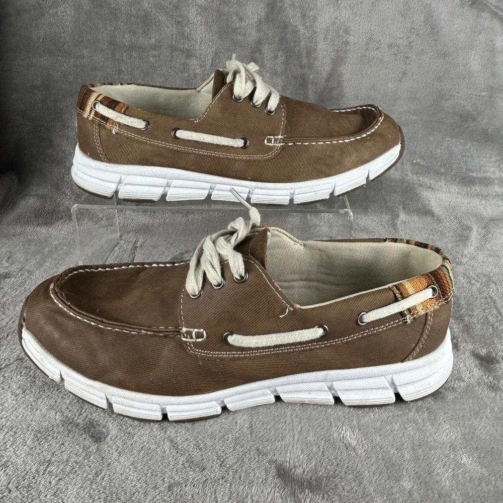 Margaritaville Cabo Brown Canvas Boat Shoes Mens 10M Striped Heel Loafers 315150